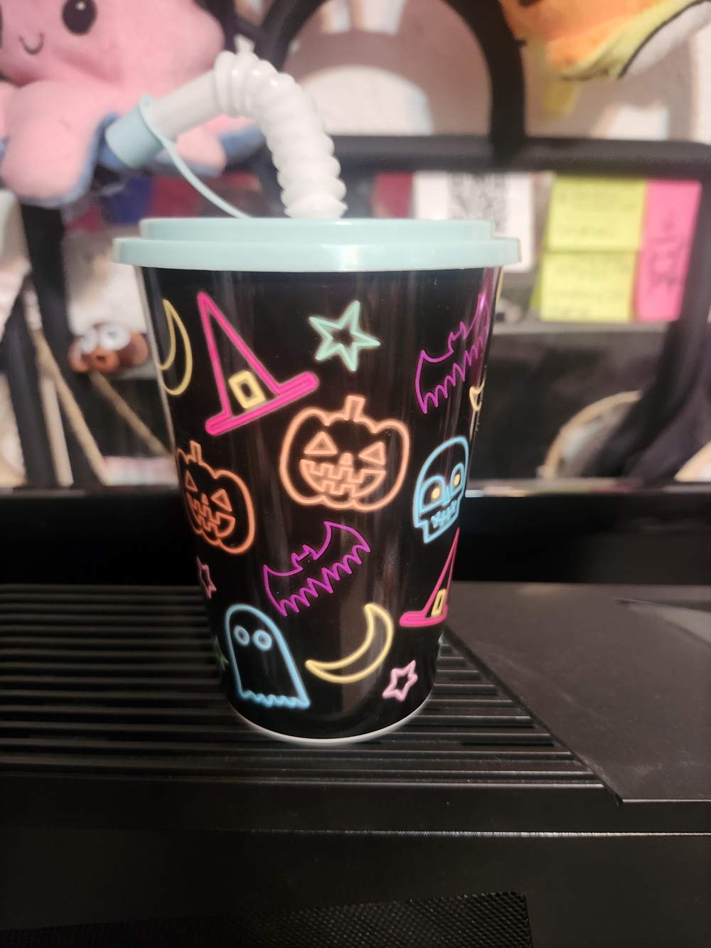 Halloween Reusable Party Cup with Neon Graphics & Straw